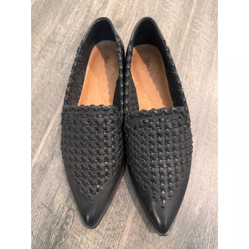 Frye Grace Crosshatch Venetian Woven Leather Pointed Toe Loafers Black 6.5M